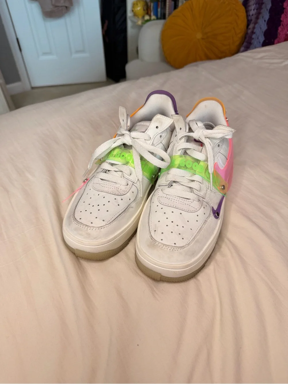 Nike White Sneakers with Neon Pink, Green, Purple, and Orange Accents